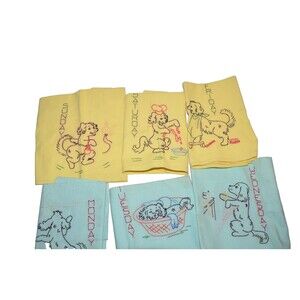 Vtg Days of the Week tea Towels 6pc TLC Stains Missing Thursday Puppy dogs